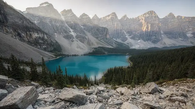 Moraine Lake sunrise: the Rockpile at dawn