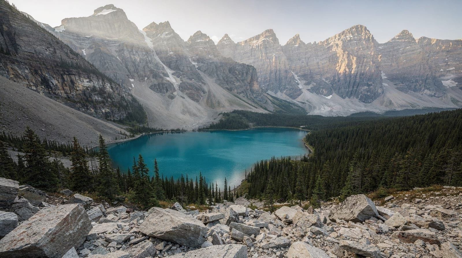 Moraine Lake sunrise: the Rockpile at dawn